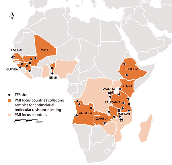 US President’s Malaria Initiative (PMI)–supported therapeutic efficacy study (TES) sites, where samples were collected to test for molecular markers of antimalarial drug resistance, 2015–2017.