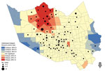 Thumbnail of Optimized hotspot analysis results showing residential locations of persons who had West Nile virus and their association with positive mosquito hotspots, Houston/Harris County, Texas, 2002–2014. Red “hot” areas represent statistically significant high-risk virus-positive mosquito activity, compared with blue “cold” areas with low risk for positive mosquitoes.