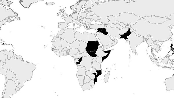 Countries (shown in black) where the US Centers for Disease Control and Prevention’s Emergency Response and Recovery Branch (Division of Global Health Protection, Center for Global Health), with the World Health Organization’s Health Emergencies Program, has provided support for implementation or evaluation of early warning surveillance systems in response to humanitarian emergencies.