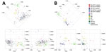 Thumbnail of Principal component analysis (PCA) of matrix-assisted laser desorption/ionization time-of-flight mass spectra of encapsulated and nonencapsulated Haemophilus influenzae. A) PCA of all isolates (n = 258) of H. influenzae in the evaluation set representing all capsule types, which are color-coded according to capsule type and for Hia and Hib isolates by genetic lineage as shown by multilocus sequence typing (MLST) and capsule transformants (n = 4). The first 3 principal components (PC