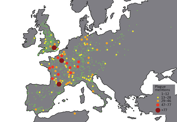 Plague outbreaks in Europe, 1347–1760. Map produced on the basis of data from Biraben (2,3). Map provided courtesy of Yue et al. Navigable rivers facilitated the spread and recurrence of plague in pre-industrial Europe. Sci Rep. 2016;6:34867 (6).