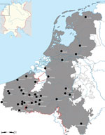 Thumbnail of Plague mentions during the Black Death outbreak, Low Countries, 1348–1352 (18). Inset shows location of the Low Countries in western Europe.