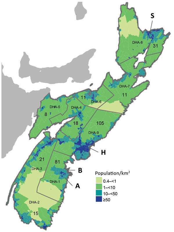 Population density and boundaries of DHAs in Nova Scotia, Canada at the time of sample collection from white-tailed deer in 2009 and humans in 2012 for study of Jamestown Canyon virus seroprevalence. H, capital city of Halifax; S, Sydney; A, community A; B, community B. Numbers on map indicate number of human serum samples screened in each DHA. Population density map modified from its original format (15). DHA, District Health Authority.