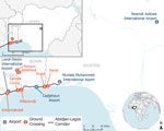 Thumbnail of Points of entry within Nigeria, Benin, and Togo targeted for comprehensive border health capacity building through development of public health emergency response plans. Insets show location of enlarged area in West Africa and Africa.