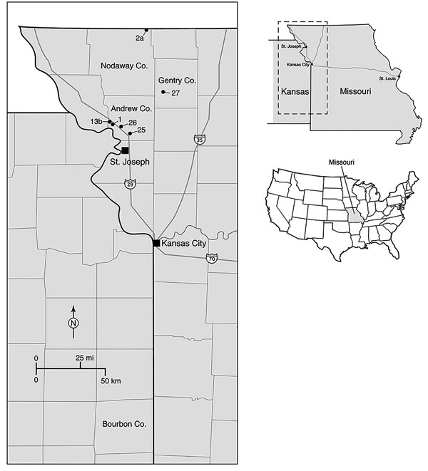 Locations of 6 tick sampling sites surveyed in northwestern Missouri, USA, during 2013 (indicated by site numbers), showing proximity of site to Bourbon County, Kansas (bottom center of map). Inset maps show location of area in main map (top, dashed box) and location of state of Missouri in the United States (bottom, gray shading). Co., County.