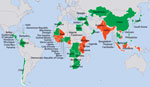 Thumbnail of Centers for Disease Control and Prevention public health emergency management (PHEM) engagements, 2008–2016. Red indicates Global Health Security Agenda PHEM engagement; green indicates other PHEM engagement; gray indicates no PHEM engagement.