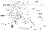 Thumbnail of Geographic origin of Plasmodium vivax cases analyzed, Greece, 2009–2013. The 2 foci of transmission are Laconia and Kardhítsa (in bold). Size of dots is proportional to number of cases. Samples from Attica were distributed widely throughout this large regional unit, which includes Athens. 