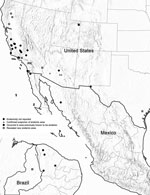 Thumbnail of Locations of environment-associated coccidioidomycosis outbreaks, by state or territory and whether the outbreak revealed new or confirmed suspected endemicity (n = 40), United States, Mexico, and Brazil, 1940–2015.