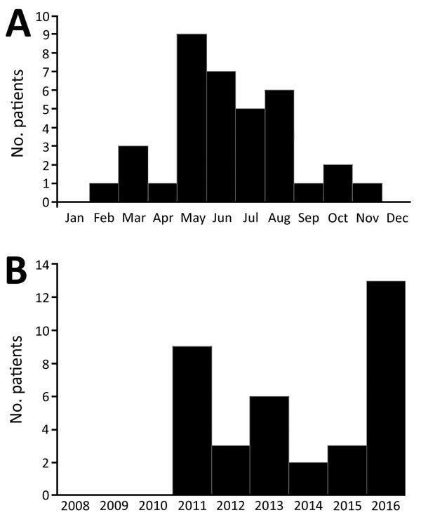 Temporal distribution of Rickettsia typhi–positive pediatric case-patients by time of symptom onset, Houston, Texas, USA, 2011–2016. A) By month of symptom onset. B) By year of symptom onset.
