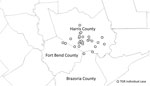 Thumbnail of Spatial distribution of Rickettsia typhi–positive pediatric case-patients with no history of travel by location of residence around the Houston/Harris County, Texas, USA, metropolitan region.