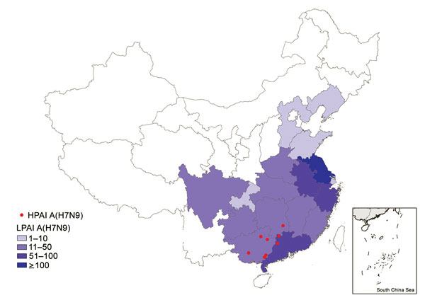 Geographic distribution of human cases of infection with HPAI A(H7N9) virus, China, September 1, 2016–March 31, 2017. The red circles indicate the counties with HPAI A(H7N9) virus infections within Guangxi, Guangdong, and Hunan provinces during the fifth epidemic. Shading indicates the total numbers of LPAI A(H7N9) virus infections by province during the fifth epidemic. HPAI, highly pathogenic avian influenza; LPAI, low pathogenic avian influenza.