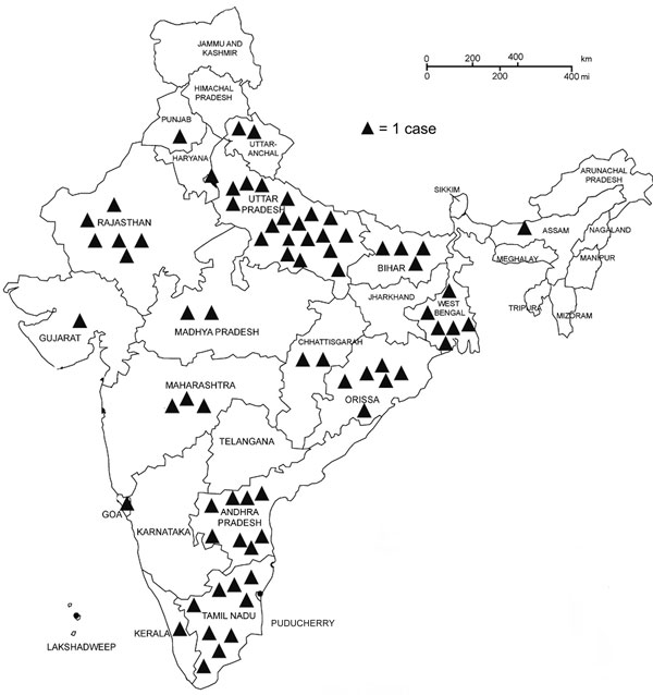 States of birth for 73 varicella case-patients at a private university in Chennai, India, February 2016–January 2017. Each triangle indicates 1 case. Incidence of varicella (per 1,000 students) by state of birth: Odisha, 16.0; Uttar Pradesh, 9.8; Andhra Pradesh, 2.1; Tamil Nadu, 1.8; other, 3.3. 
