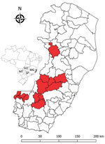 Thumbnail of Locations (red shading) of nonhuman primates that died of yellow fever, Espirito Santo, Brazil, January 2017. Inset shows location of Espirito Santo (light gray shading) and 4 other states within Brazil. GO, Goias; MG, Minas Gerais; MT, Mato Grosso do Sul; SP, São Paulo states.