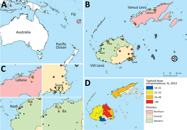 Geographic distribution of antibodies against Vi capsular antigen of Salmonella enterica serovar Typhi, Fiji, 2013. A) Location of Fiji islands in the Southern Pacific Ocean. B) Seroprevalence of Vi antibody in sampled communities in 2013. C) Details of typhoid seroprevalence in large cities in Fiji (Labasa, Suva, Nadi, and Ba). D) Typhoid seroprevalence estimated for subdivisions in Fiji.
