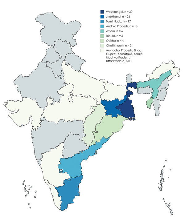 Distribution of patients with melioidosis, by state, India, 2008–2014.