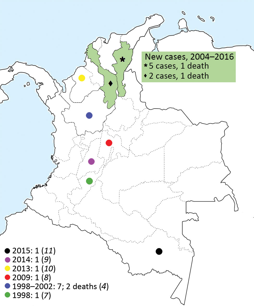 Geographic locations of 7 reported cases of melioidosis in Colombia.