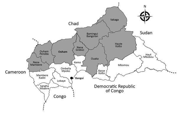 Health districts in Central African Republic. Gray regions correspond to those in the meningitis belt with higher risk for meningitis outbreaks each year. The names of Bangui Prefecture, where the main laboratory (Institut Pasteur) is located, and Ouham Prefecture, where all the 2015 and 2016 meningitis cases occurred, are in bold.