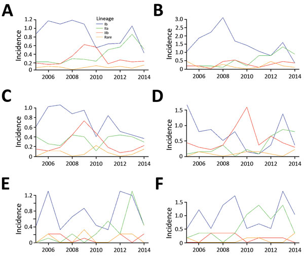 Annual incidence (per 100,000 population) of reported Escherichia coli O157:H7 cases by phylogenetic lineage, Washington, USA, 2005–2014. A) Statewide; B) northwest region; C) Seattle–Tacoma region; D) southwest region; E) northeast region; F) south-central region. Regions were defined according to major demographic characteristics and patterns of segregation observed in analyses for the whole period. The northwest region experienced the highest peak incidence. The Seattle–Tacoma region and the 