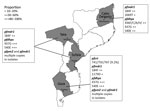 Thumbnail of Location of sampling sites and distribution of resistance markers of Plasmodium falciparum in Mozambique, 2015.