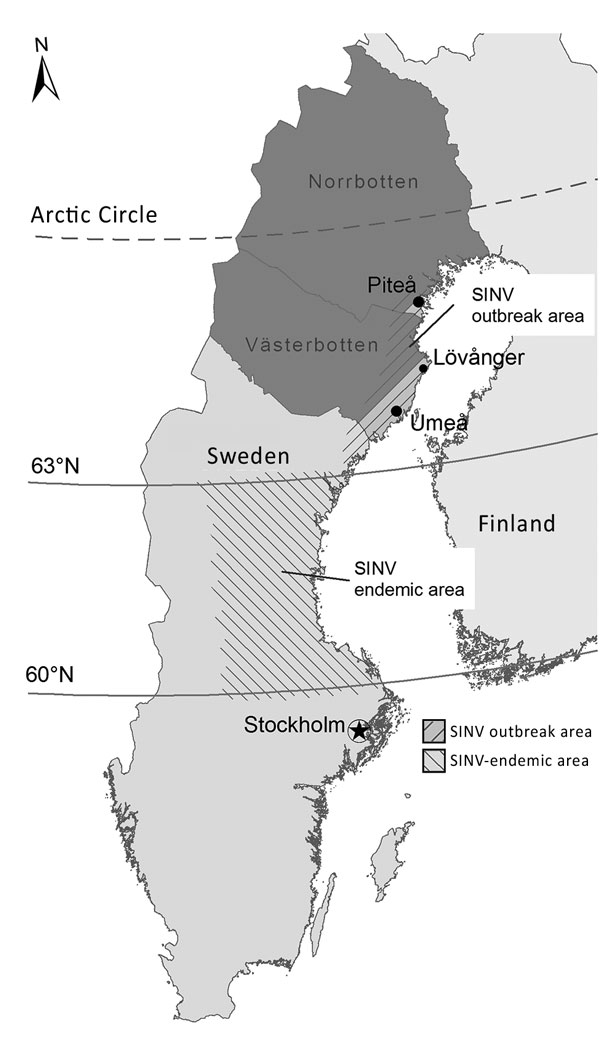Geographic distribution of the SINV outbreak in 2013 and previous occurrence of SINV infections in Sweden. Dark gray indicates the 2 northernmost counties in Sweden where the SINV IgG seroprevalence was 2.9% in 2009. SINV, Sindbis virus.