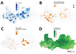 Thumbnail of Geographic distribution of acute encephalitis-like syndrome in children, samples, and litchi cultivation at the commune level in Bac Giang Province, northern Vietnam, 2008–2011. A) No. cases of acute encephalitis-like syndrome meeting the inclusion criteria (n = 185); B) no. enterovirus-positive samples among all cerebrospinal fluid samples analyzed (n = 57); C) no. toxin-positive samples among all blood samples analyzed (n = 20); D) percentage of commune surfaces devoted to litchi 
