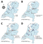 Thumbnail of Geographic distribution of wild and captive birds and commercial poultry infected with highly pathogenic avian influenza A virus, the Netherlands, 2016. A) Location of dead wild birds infected with highly pathogenic avian influenza A virus subtypes H5N8 and H5N5; B) location of commercial poultry farms and captive birds infected with H5N8; C) location of H5N8-affected commercial poultry farms (open triangles), with the most identical wild bird viruses (open circles) shown in similar