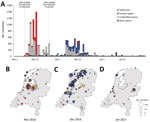 Thumbnail of Spatiotemporal pattern of wild bird deaths during an outbreak of HPAI A(H5H8) virus, the Netherlands, November 2016–January 2017. A) Outbreak chronology in tufted duck (red); Eurasian wigeon (blue); unidentified carcasses (light gray), probably also mostly tufted duck and Eurasian wigeon; and all other species combined (dark gray). Dashed vertical lines depict the first detections in wild birds and in poultry in the Netherlands. B–D) Spatial overview of the reported cumulative numbe