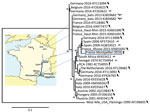 Thumbnail of Phylogenetic relationship of the France-Montpellier-2016 strain of Usutu virus (USUV) (box; GenBank accession no. LT854220), isolated from a 39-year-old man in Montpellier, France, who had an atypical neurologic presentation, compared with other USUV strains based on the partial nonstructural protein 5 gene sequence. USUV sequences are shown with their country of isolation, year of isolation, and GenBank accession numbers. Hosts from which the strains were detected (bird, mosquito, 