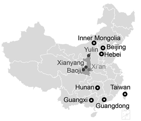 Geographic distribution of the avian influenza A(H7N9) viruses isolated in Shaanxi Province, China, 2016–2017 (solid circles), and of HPAI H7N9 viruses detected in other provinces of China (open circles).