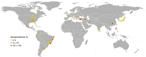 Locations of published Brucella canis serologic surveys of dogs (online Technical Appendix, https://wwwnc.cdc.gov/EID/article/24/8/17-1171-Techapp1.pdf). Each dot represents 1published study; colors represent seroprevalence determined in each study. Cartography: Cecilia Smith.