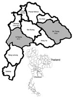 Thumbnail of Chonburi Province, Thailand, showing scrub typhus outbreak areas in in Bo Thong district in 2002 and Si Racha district in 2013 (gray shading). Inset shows location of Chonburi Province in Thailand.