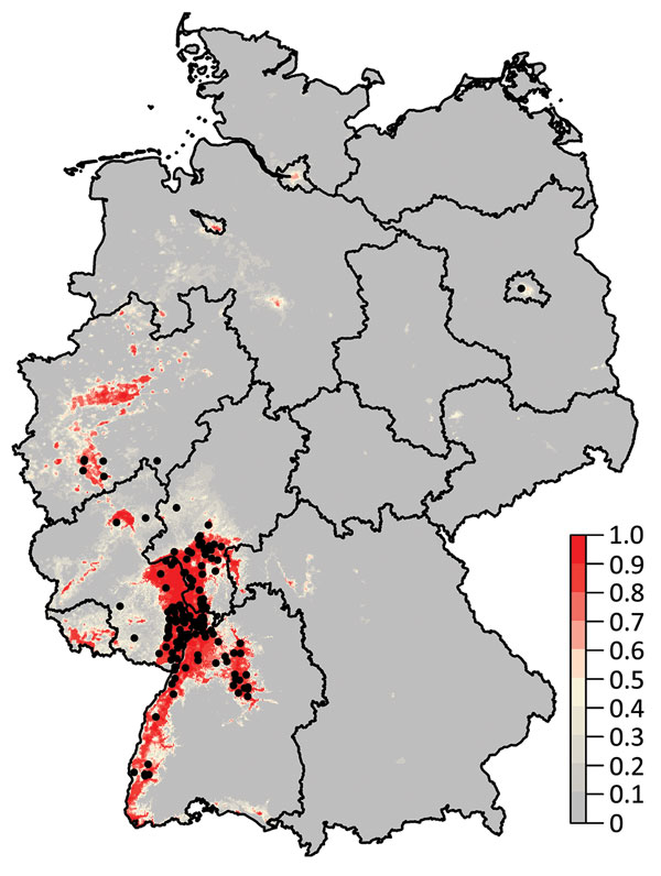 Probability of Usutu virus (USUV) occurrence in Germany derived from 300 boosted regression tree models. Black dots denote sites with dead birds that tested positive for USUV. The color intensity indicates the probability of occurrence of USUV.