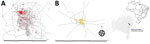 Thumbnail of Notified cases of chikungunya georeferenced by household in Feira de Santana (A; n = 1,339), and Riachão do Jacuípe (B; n= 1,536), Bahia state, Brazil, during epidemiologic week 32 of 2014 through week 11 of 2015. Inset maps show locations of Feira de Santana and Riachão do Jacuípe in Bahia state and Bahia state in Brazil.