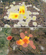 Thumbnail of Density of notified cases of chikungunya by census tract in A) Feira de Santana and B) Riachão do Jacuípe, Bahia state, Brazil, during epidemiologic week 32 of 2014 through week 11 of 2015. Yellow shaded areas with red borders indicate the census tracts in which most cases were concentrated. 