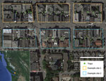 Thumbnail of Two example sites side-by-side in a study of the effects of culling on Leptospira interrogans carriage by rats, Vancouver, British Columbia, Canada, June 2016–January 2017. Each site comprised 3 city blocks connected by continuous alleys; individual sites that were trapped at the same time had parallel alleys separated by major roads and multiple buildings that, based on previous research (9,10), rats were assumed to be unlikely to move between. Five and 7 sites were randomly select