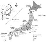 Thumbnail of Geographic distribution of patients infected with Diphyllobothrium nihonkaiense tapeworm, by administrative region, Japan, 2001–2016. Thick lines indicate divisions between the 8 regions of Japan (Hokkaido, Tohoku, Kanto, Chubu, Kinki, Chugoku, Shikoku, and Kyushu and Okinawa). The total numbers of egg and proglottid samples and percentage of D. nihonkaiense infections are given per region. The percentages do not add up to 100% because of rounding. The numbers of egg/proglottid samp