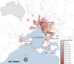 Thumbnail of Melbourne, Victoria, Australia, and surrounding areas, showing population density and outlines of the 4 geographic regions used in study of the epidemiology of Buruli ulcer infections in Victoria, Australia, 2011–2016. Population density calculated as residents per square kilometer, according to the Australian Bureau of Statistics 2013 estimated resident population data at the level of Statistical Area Level 1 (18). Inset shows location of Melbourne in Australia. CBD, central busine