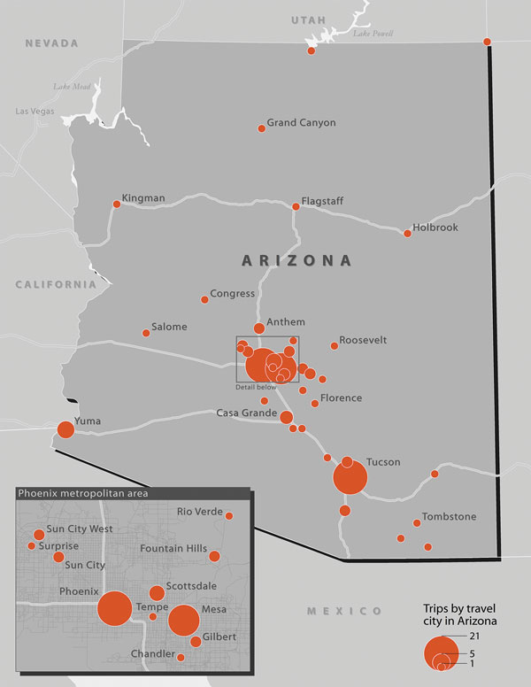 Frequency of trips to Arizona in the 4 months before symptom onset or first positive coccidioidomycosis test among coccidioidomycosis patients reported from 14 low-endemic and nonendemic US states, 2016.