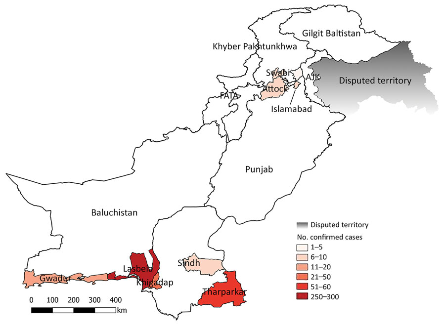 Geographic distribution of chikungunya-positive cases in Pakistan, December 20, 2016–May 31, 2017. AJK, Azad Jammu and Kashmir; FATA, Federally Administered Tribal Areas.