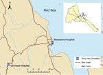 Thumbnail of Location of study sites at Ghindae and Massawa Hospitals, Eritrea, for analysis of a major threat to malaria control programs by Plasmodium falciparum lacking histidine-rich protein 2. Inset shows Eritrea.
