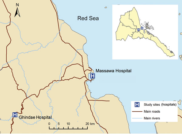 Location of study sites at Ghindae and Massawa Hospitals, Eritrea, for analysis of a major threat to malaria control programs by Plasmodium falciparum lacking histidine-rich protein 2. Inset shows Eritrea.