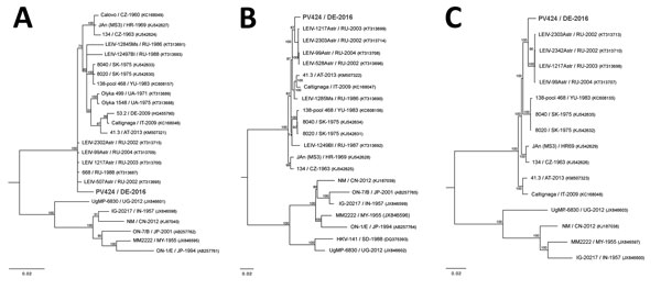 Bayesian phylogeny trees based on full-genome coding region sequences of small, medium, and large RNA segments of Batai virus and comparison viruses. A) Small RNA segments (69–770 bp). Bunyamwera virus (GenBank accession no. D00353) was used as the outgroup. B) Medium RNA segments (42–4,346 bp). Bunyamwera virus (GenBank accession no. M11852) was used as the outgroup. C) Large RNA segments (49–6,762 bp). Bunyamwera virus (GenBank accession no. X14383) was used as the outgroup. Bold indicates vir
