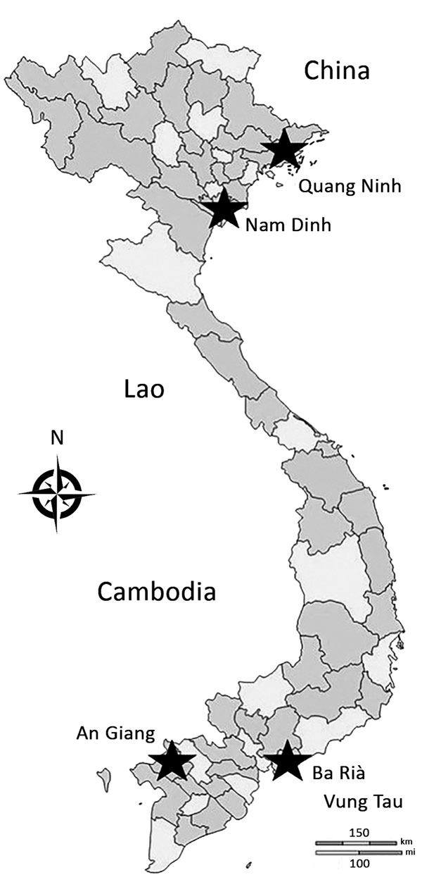Provinces participating in event-based surveillance pilot project (stars), Vietnam, September 2016–May 2017.