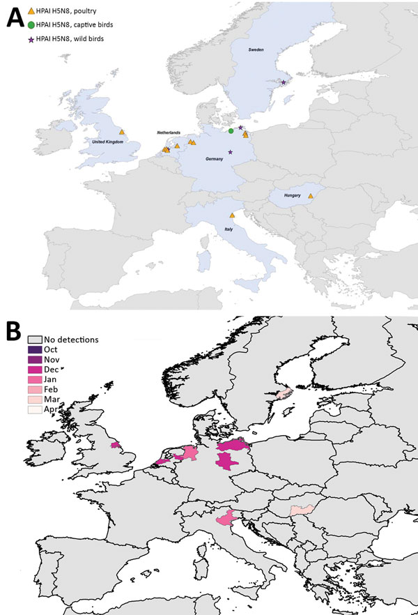 Geographic and temporal spread of the 2014–15 HPAI H5N8 epizootic. A) Location of each incident reported. Blue shading indicates countries where cases were reported. B) Month of first report of an HPAI H5N8 incident. Years given are epidemiologic years (October through September of the next year). HPAI, highly pathogenic avian influenza.