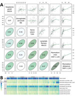 Thumbnail of Antibody response to tetanus toxoid and causative agents of malaria and NTDs measured by multiplex bead assay among 2,150 women, Cambodia, 2012. Specimens were measured by using the Luminex platform (Luminex Corporation, Austin, TX, USA) (25). A) Relationship between pairs of antibodies measured by mean antibody response (log10 MFI – bg) in each of the 100 sampling clusters. Scatter plots include nonparametric locally weighted regression fits trimmed to reduce edge effects. Correlat