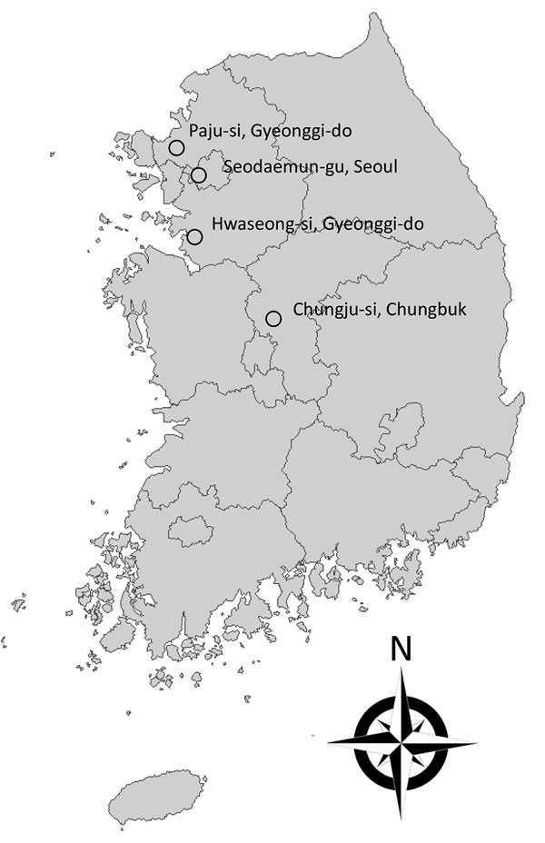 Rural areas of South Korea (Hwaseong-si, Gyeonggi-do; Paju-si, Gyeonggi-do; and Chungju-si, Chungbuk) where adult mosquitoes were collected during July–September 2017 and the urban location of the tertiary teaching hospital (Seodaemun-gu, Seoul) where the study of Elizabethkingia infection in patients was conducted during January 2009–June 2017.