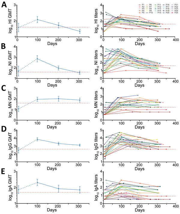 GMTs (left) and individual titers (right) of antibodies to influenza A(H7N9) virus in serum samples collected from survivors, China, 2017: A) HI, B) NI, C) MN, D) IgG, and E) IgA. Red dashed line indicates threshold for seroprotective titer (HI, NI, and MN = 1:40) or limited detection titer (IgG = 1:400; IgA = 1:50). Error bars indicate 95% CIs. GMT, geometric mean titer; HI, hemagglutination inhibition; MN, microneutralization; NI, neuraminidase inhibition; P, patient.