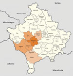 Thumbnail of Municipalities (komunë) in Kosovo, showing number of patients with Crimean-Congo hemorrhagic fever in each municipality. Map was obtained from Wikimedia, where it is available to the public under the GNU Free Documentation License (13). The original map has no invariant elements; it has been modified to indicate patient locations.