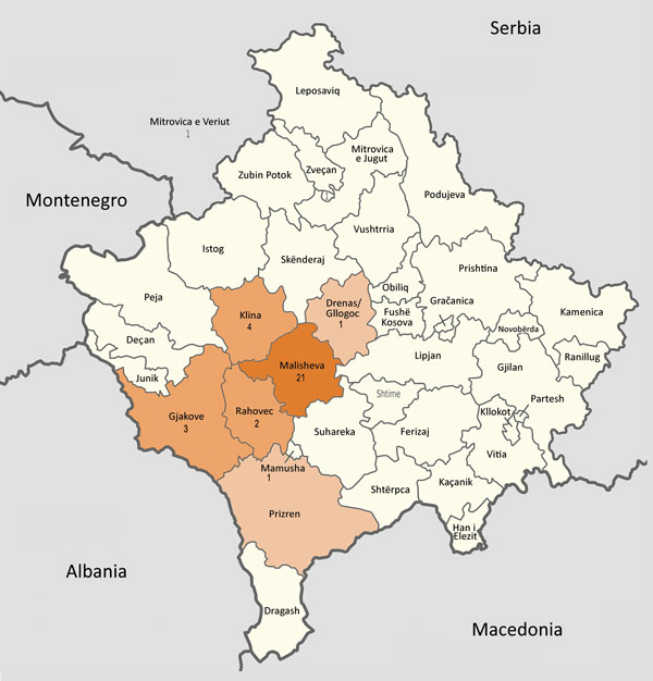 Municipalities (komunë) in Kosovo, showing number of patients with Crimean-Congo hemorrhagic fever in each municipality. Map was obtained from Wikimedia, where it is available to the public under the GNU Free Documentation License (13). The original map has no invariant elements; it has been modified to indicate patient locations.