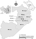 Thumbnail of Location of study area where participants were enrolled and of live poultry markets where environmental and cloacal swab sampling was conducted in study of influenza A infection among workers at live poultry markets in 9 districts of Wuxi, Jiangsu Province, China, 2013–2016. Insets show location of Wuxi in Jiangsu Province and location of the province in China.